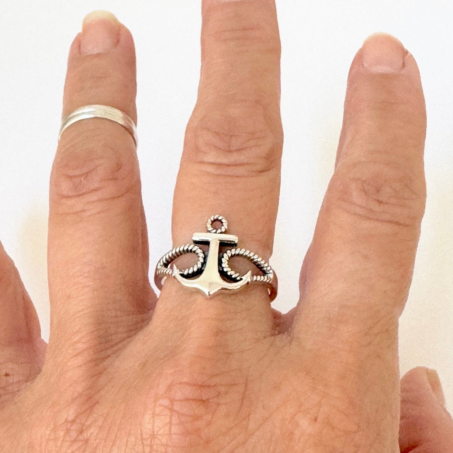 Sterling Silver Anchor Ring with Rope Band - Unisex Nautical Jewelry
