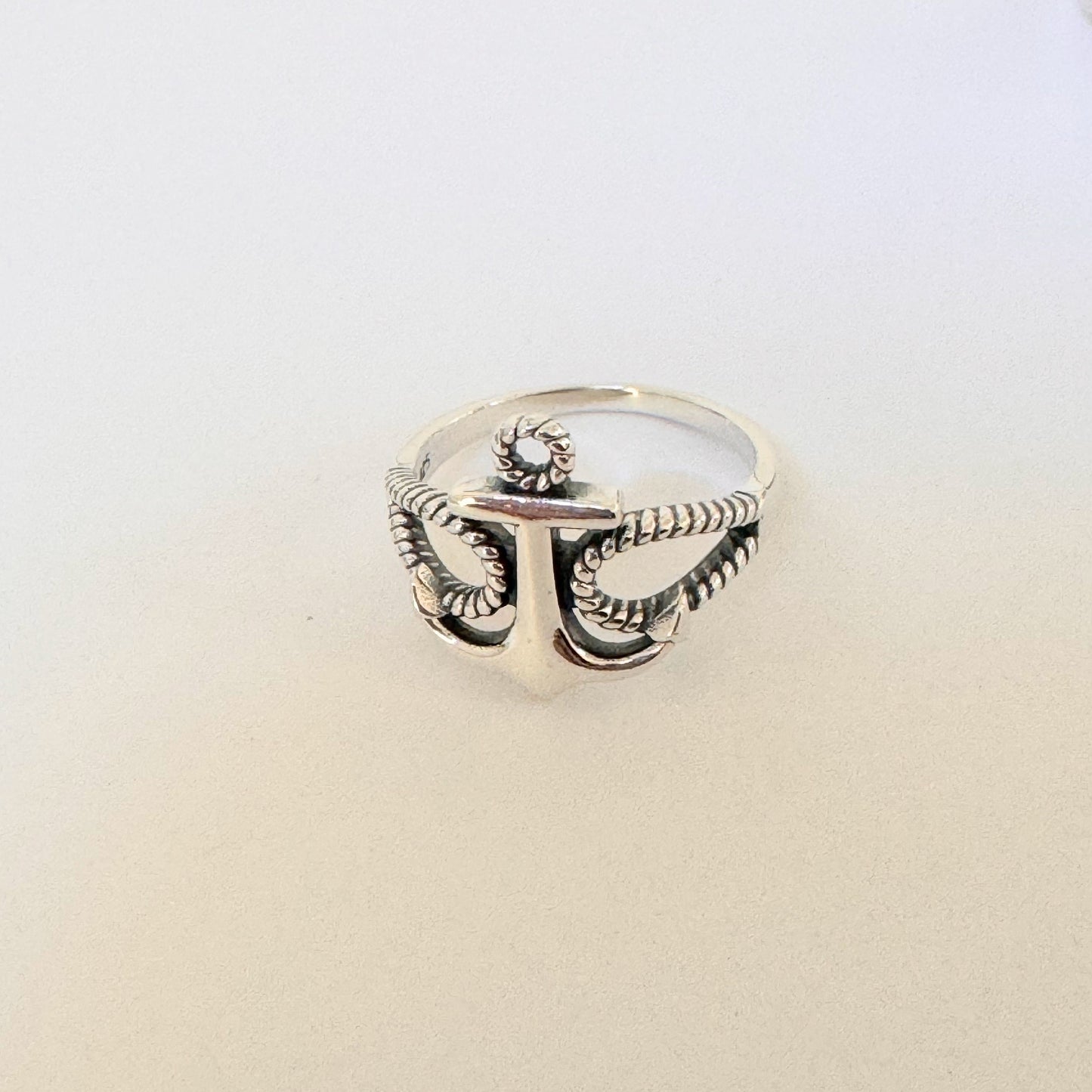 Sterling Silver Anchor Ring with Rope Band - Unisex Nautical Jewelry