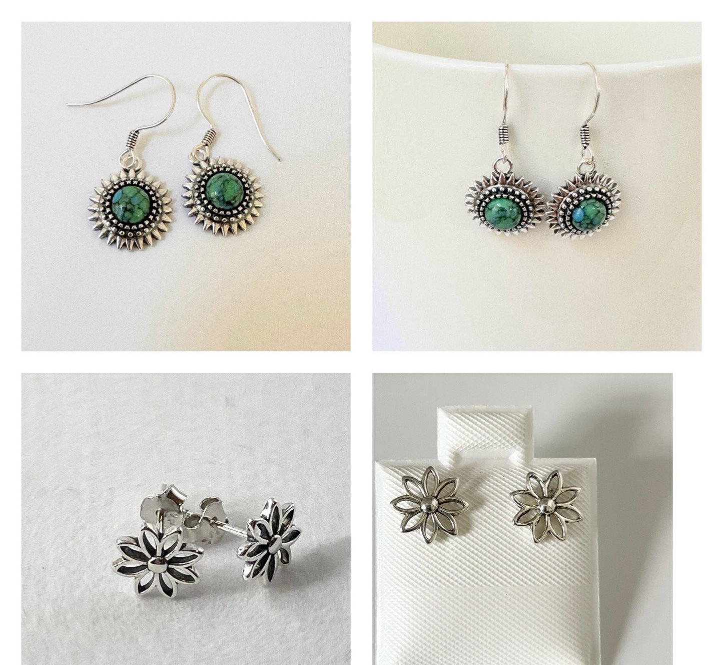 Sterling Silver Turquoise Flower Earrings: Dainty Boho Studs