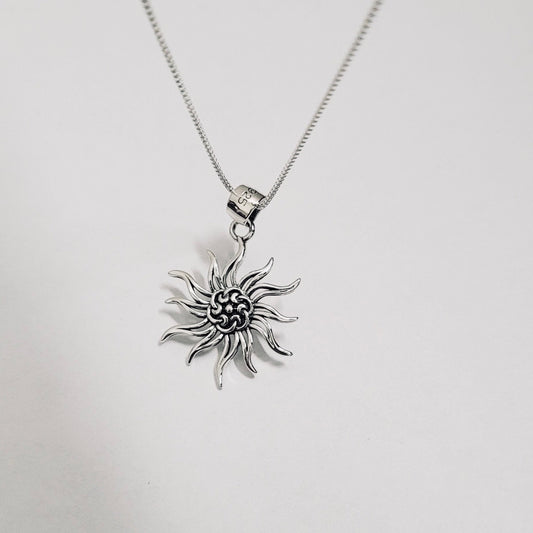 Oxidized Sterling Silver Sun Pendant Necklace - Lotus Flower Design
