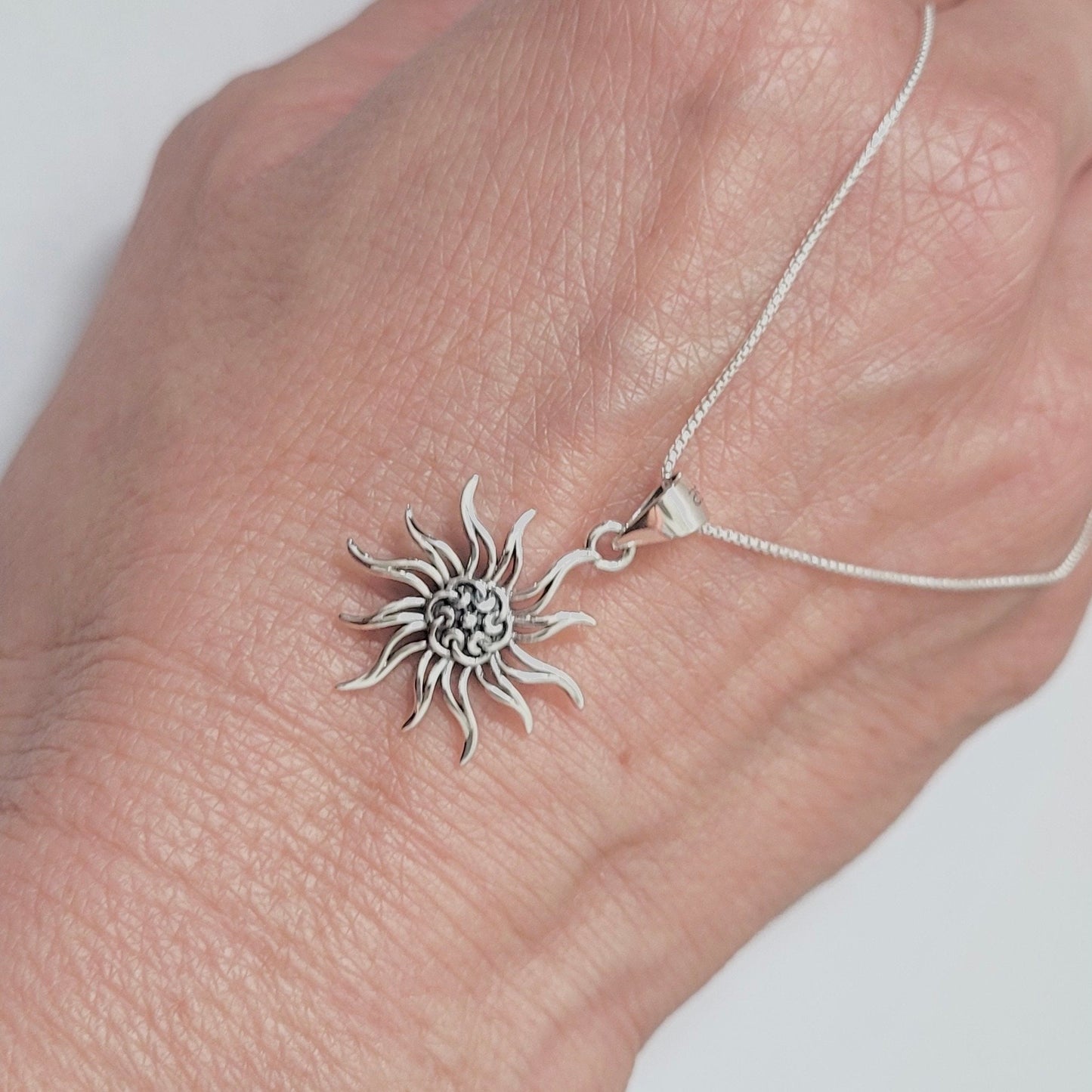 Oxidized Sterling Silver Sun Pendant Necklace - Lotus Flower Design