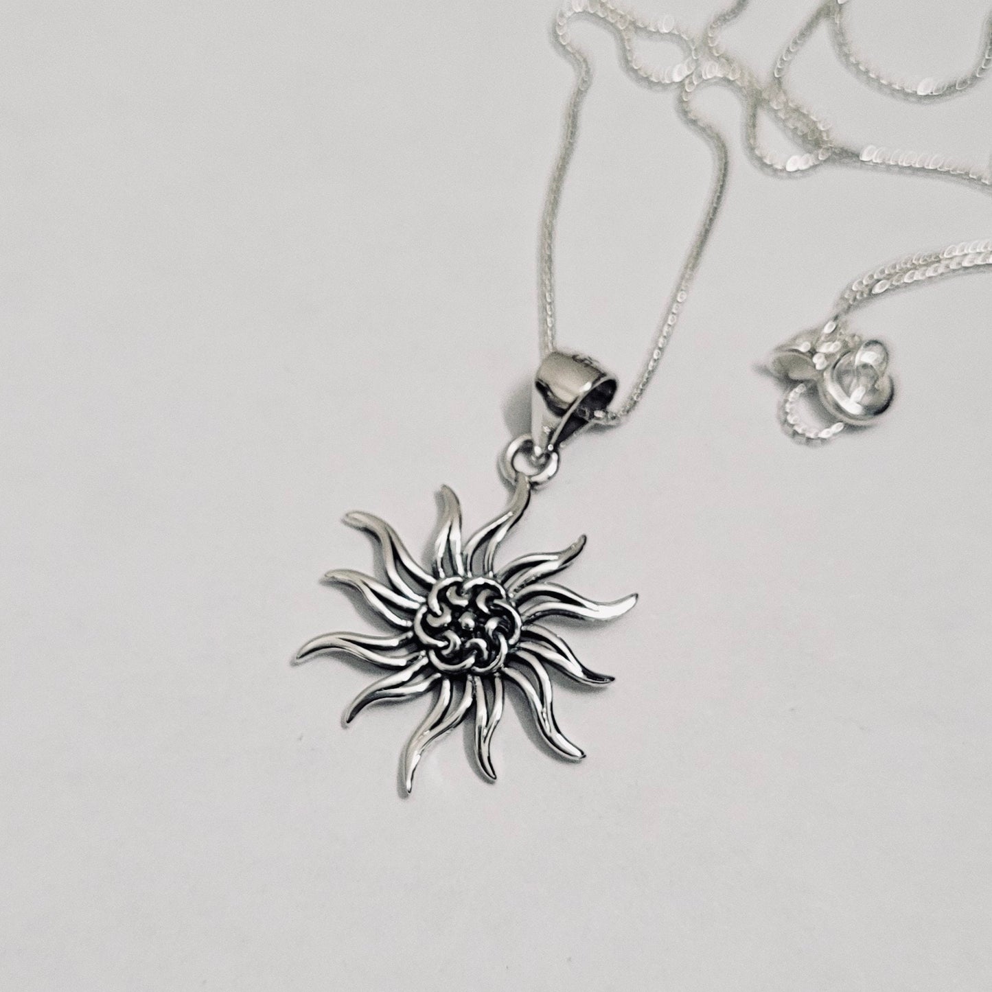 Oxidized Sterling Silver Sun Pendant Necklace - Lotus Flower Design