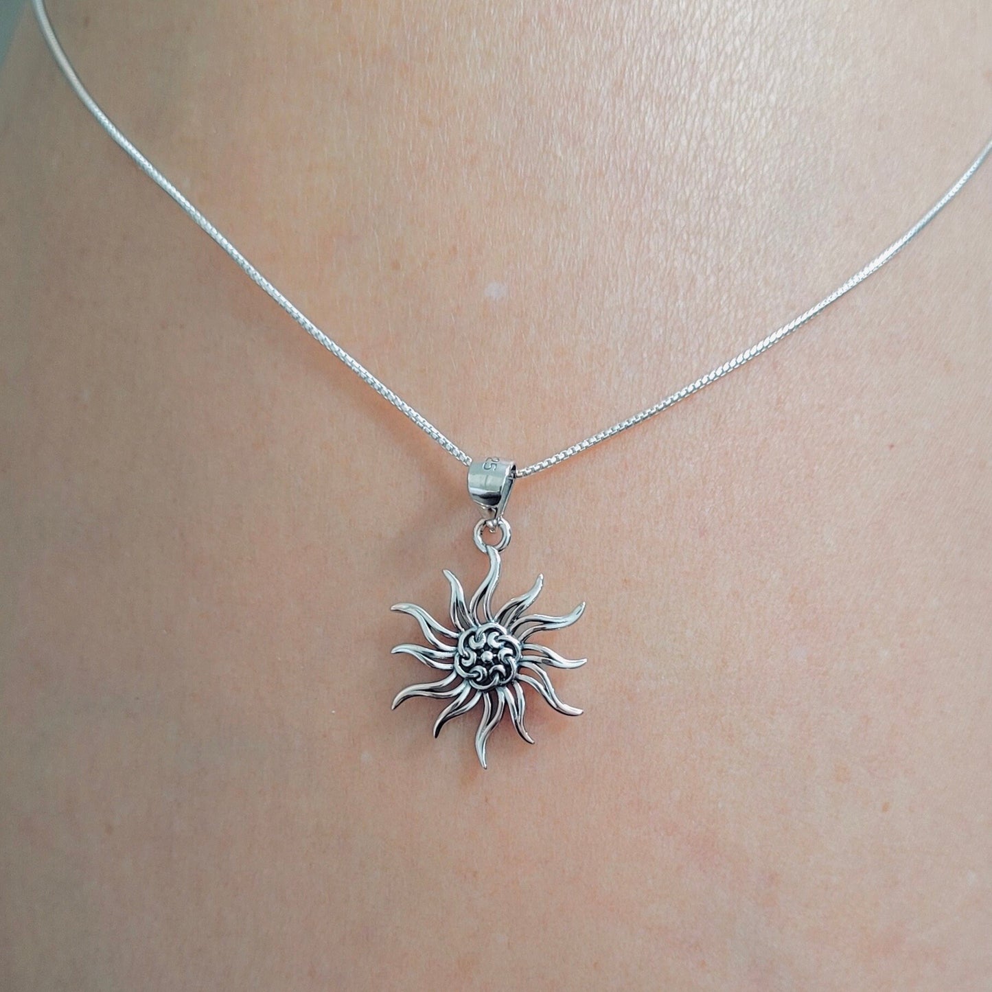 Oxidized Sterling Silver Sun Pendant Necklace - Lotus Flower Design