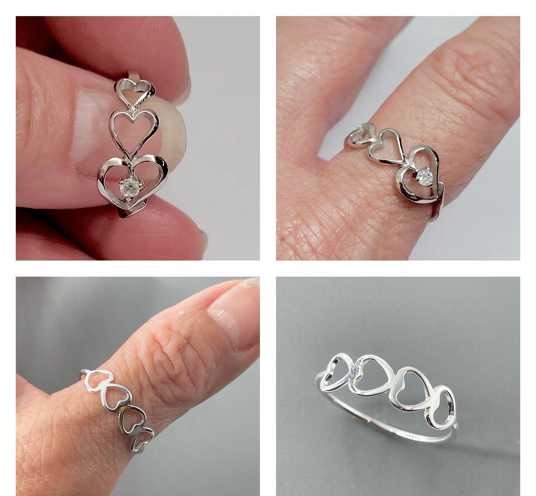 Sterling Silver Hearts Ring, CZ Hearts Dainty Sideway Ring, Promise Silver Heart Ring, CZ Love Ring, Silver Hearts Ring, Dainty Hearts Ring