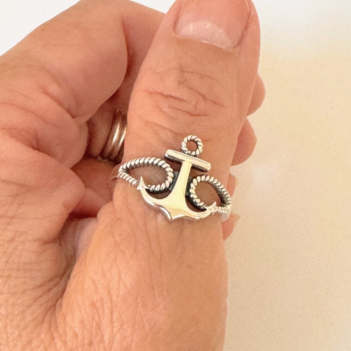 Sterling Silver Anchor Ring with Rope Band - Unisex Nautical Jewelry