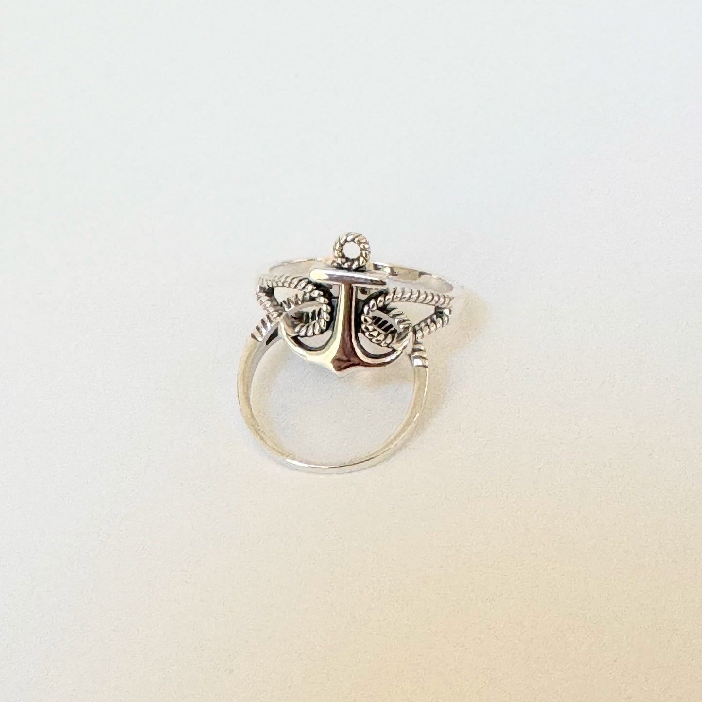 Sterling Silver Anchor Ring with Rope Band - Unisex Nautical Jewelry
