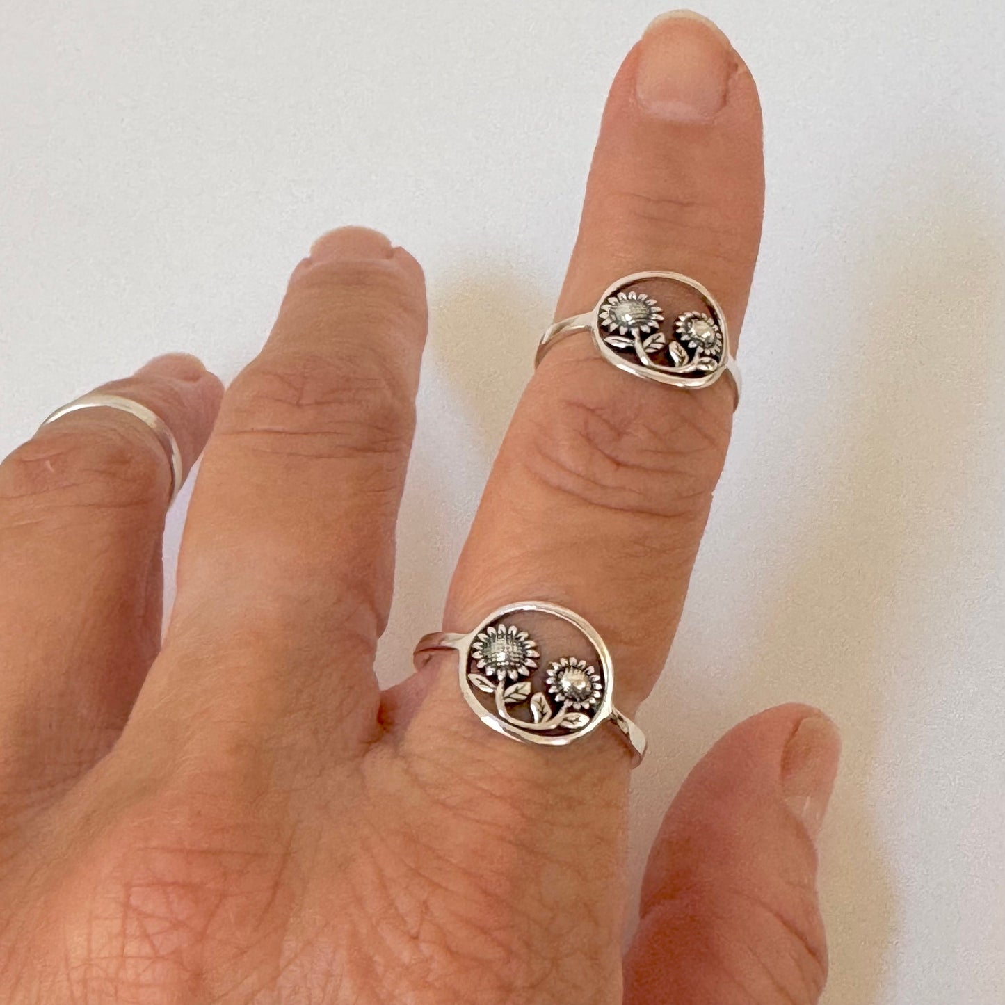 Dainty Sterling Silver Sunflowers Ring: Floral Promise Ring