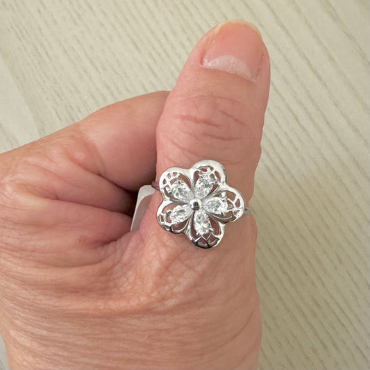 Plumeria CZ Teardrop Sterling Silver Ring, Thin Band, Silver Filigree Ring, Flower Promise Ring, CZ Flower Anniversary Ring, I love U Ring.