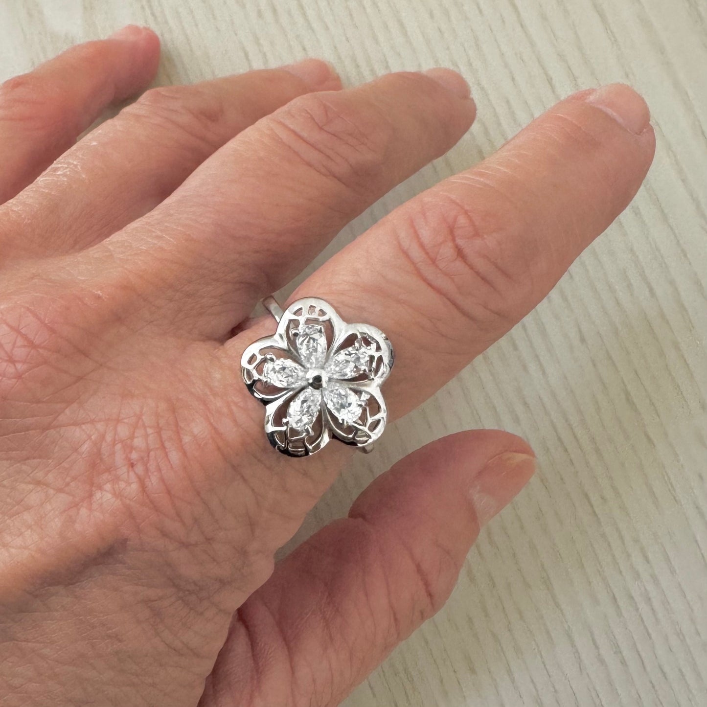 Plumeria CZ Sterling Silver Ring: Filigree Flower Promise Ring