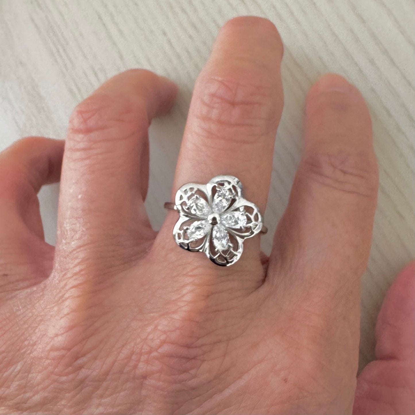 Plumeria CZ Sterling Silver Ring: Filigree Flower Promise Ring