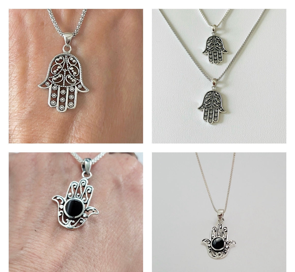 Sterling Silver Hamsa Pendant Necklace: Black Agate Hand of God