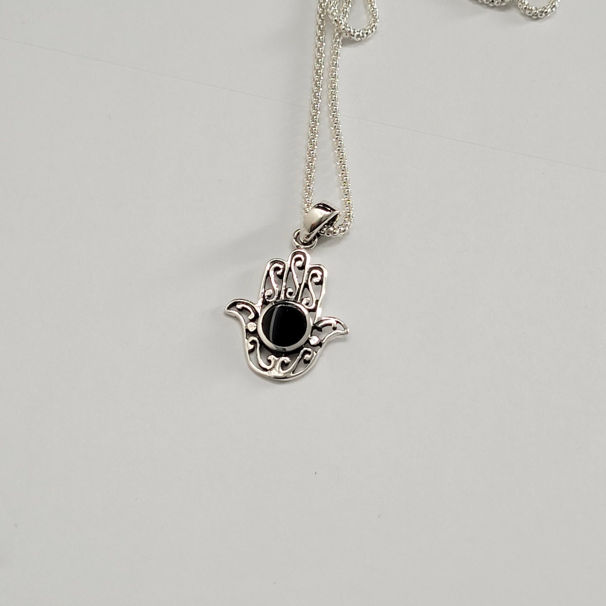 Hamsa or Hamsa Agate Sterling Silver Pendant Necklace, Hand of God Pendant, Silver Hamsa Necklace, Black Agate Hamsa Pendant, Love Necklace