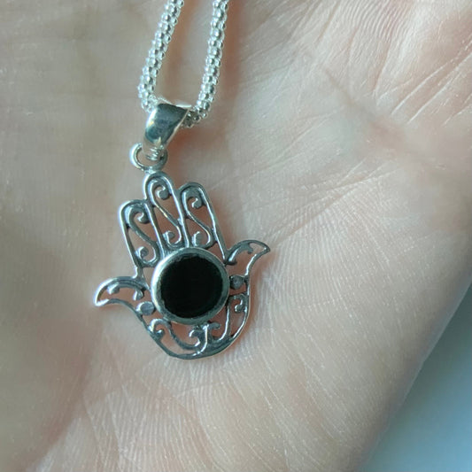 Sterling Silver Hamsa Pendant Necklace: Black Agate Hand of God