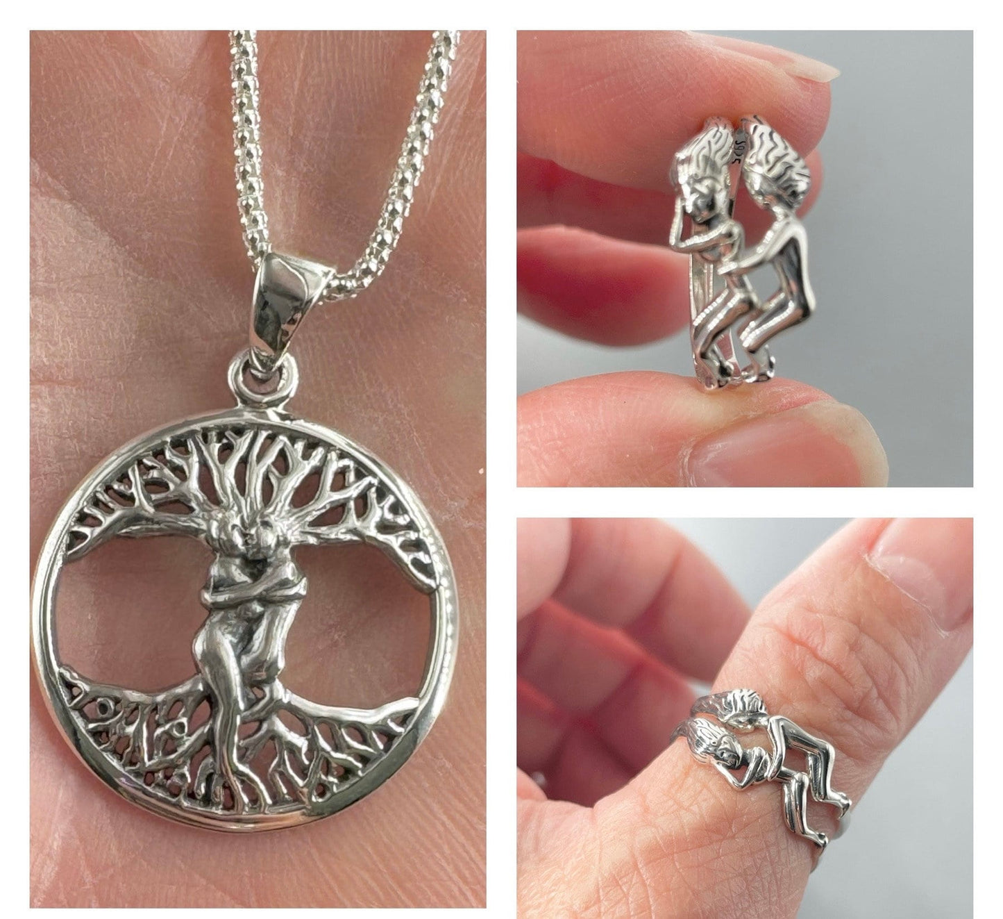 Sterling Silver unisex Lovers Ring or Lovers Tree of Life Pendent, Silver Partners Ring Set, Tree of Life Couples Necklace, Hugging Necklace