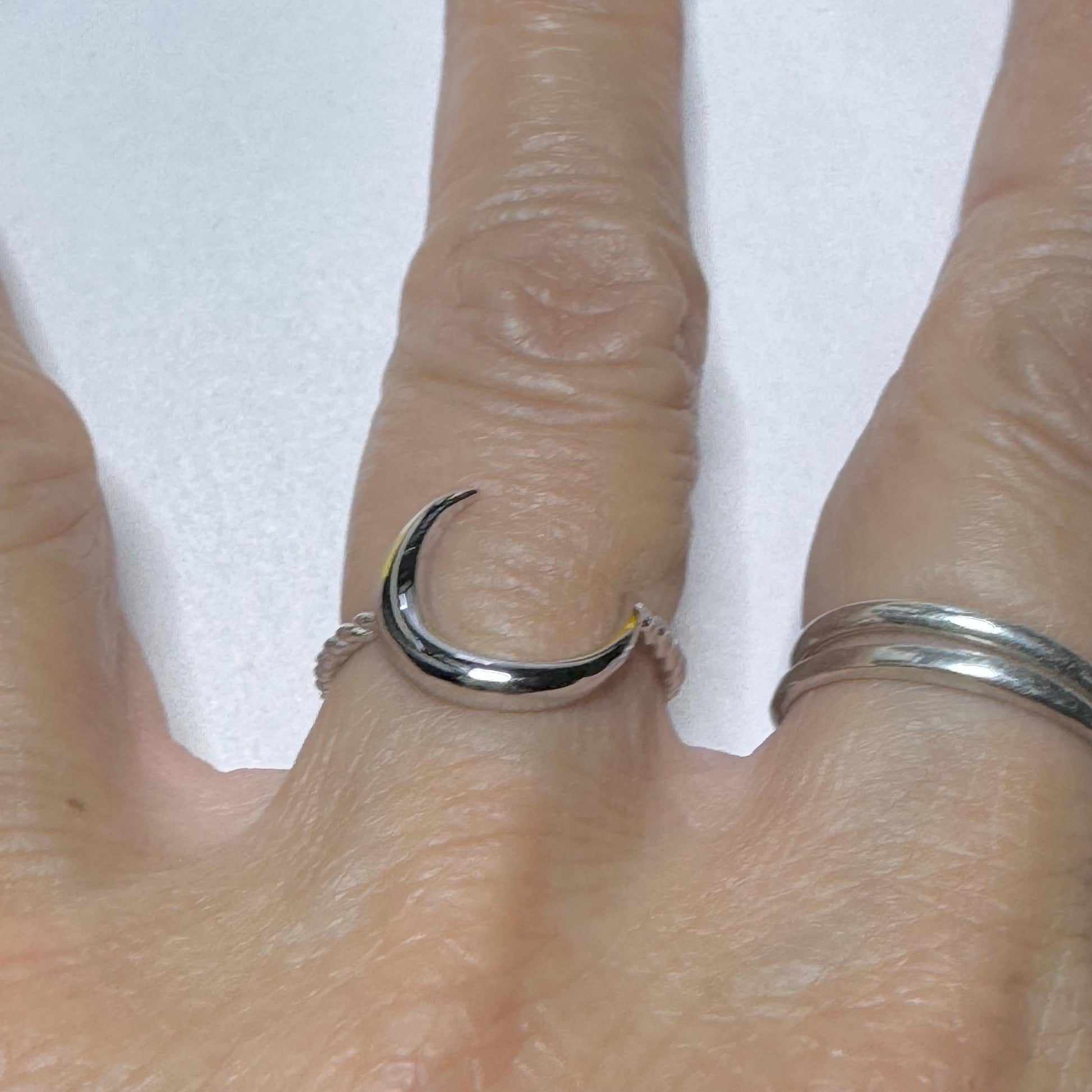 Sterling Silver Large or Small Crescent Moon Ring, Rope Band Ring, Silver Moon Ring, Dainty Ring, Large Moon Silver Ring, Silver Rope Ring