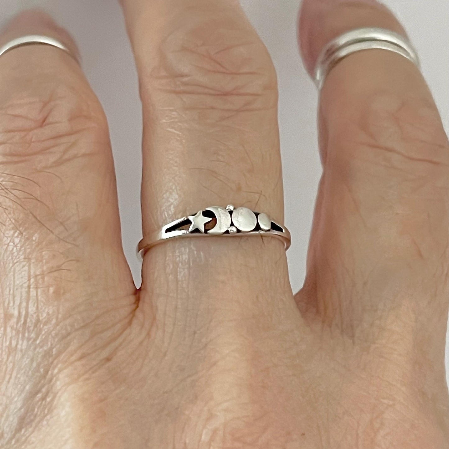 Dainty Sterling Silver Star and Moon Ring: Celestial Boho Jewelry