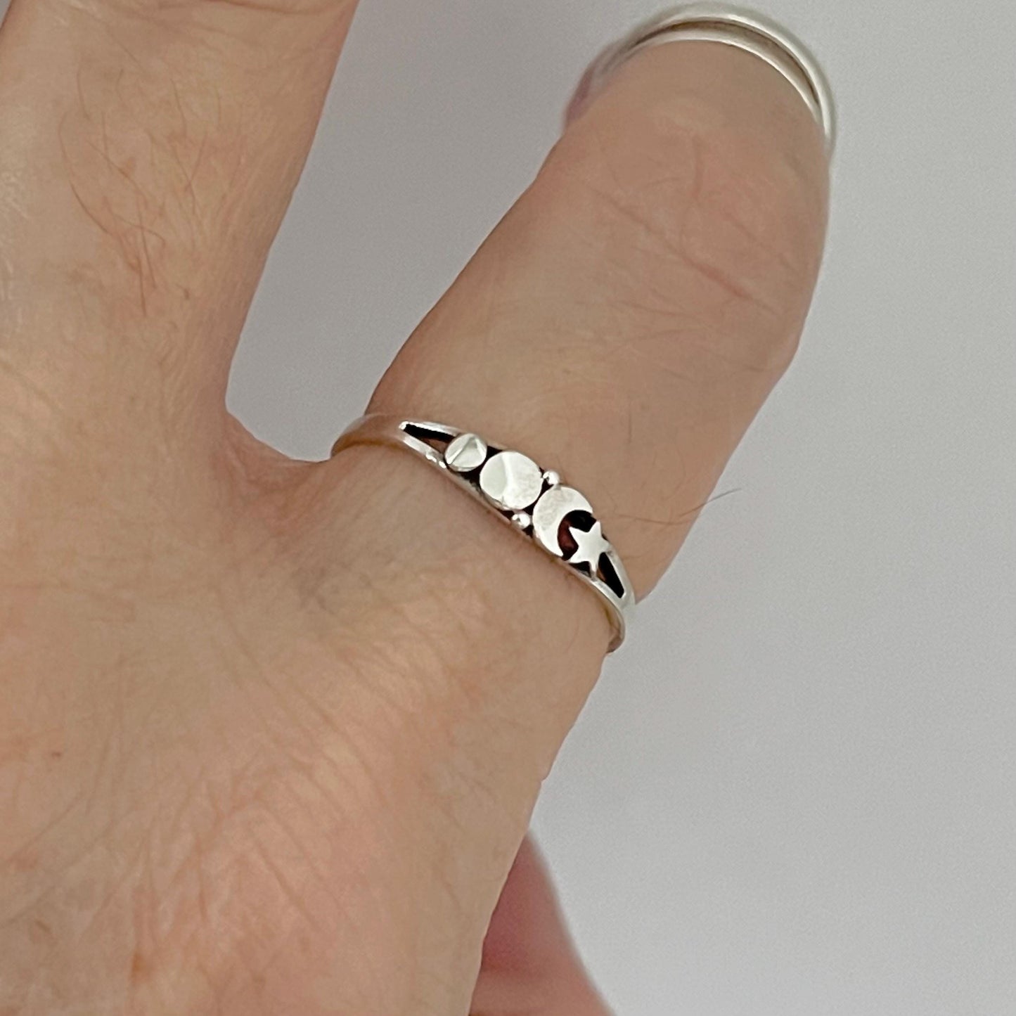 Dainty Sterling Silver Star and Moon Ring: Celestial Boho Jewelry