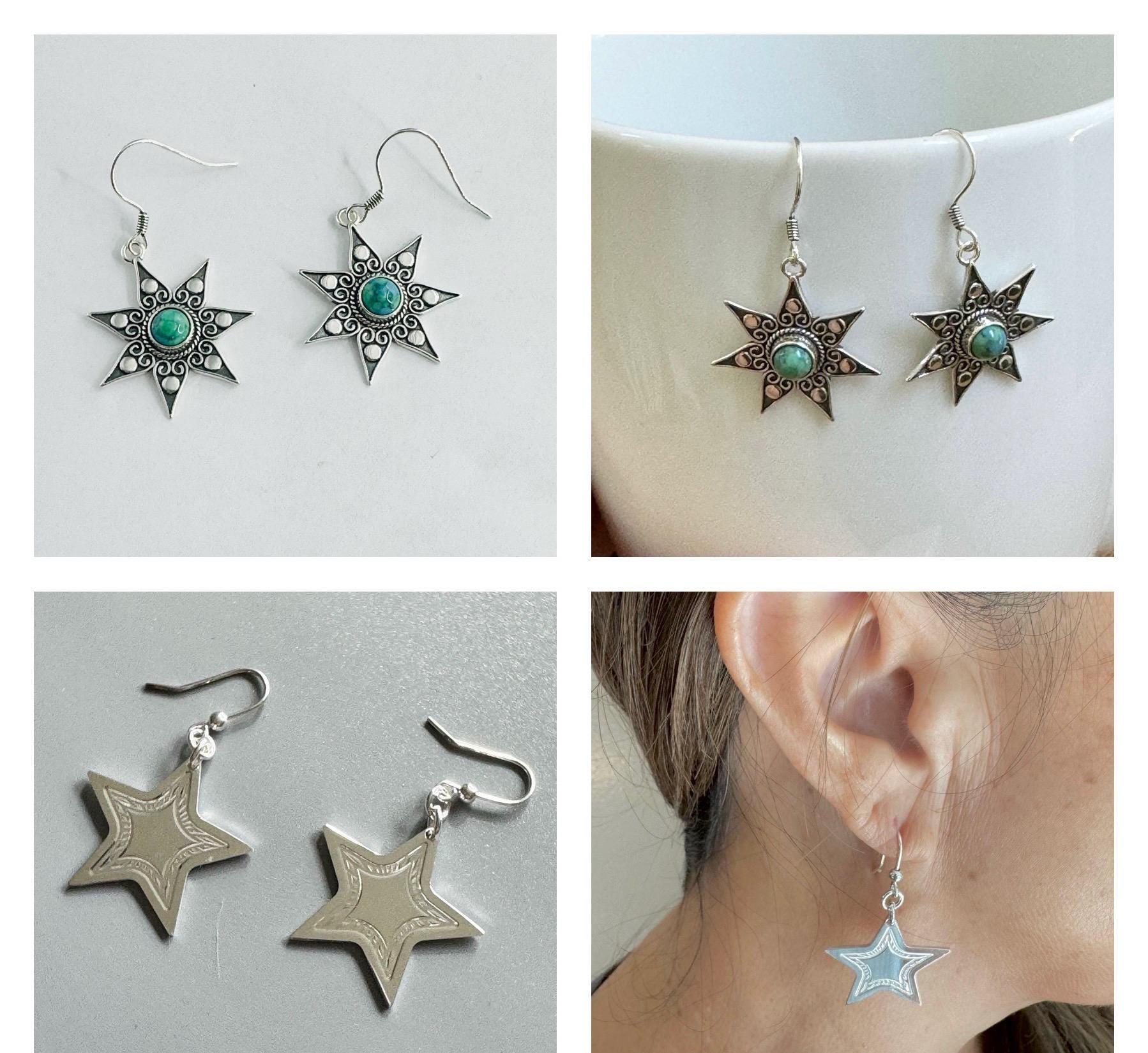 Sterling Silver Star Earrings, Turquoise Star Earrings, Silver Star Earrings, Silver Turquoise Earrings, Promise Silver Star Earrings.