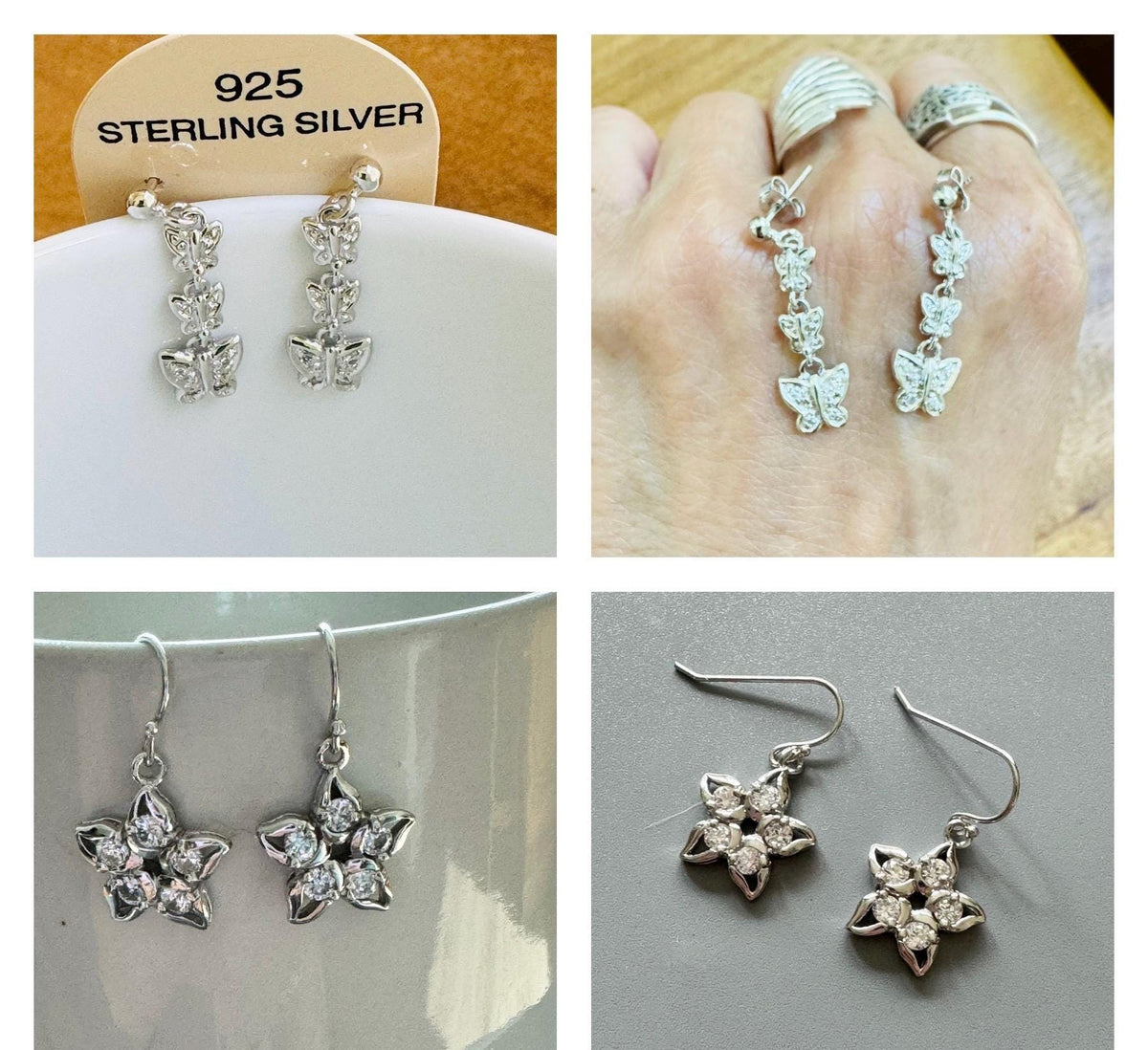 Sterling Silver CZ Dangle Earrings: Butterfly or Flower