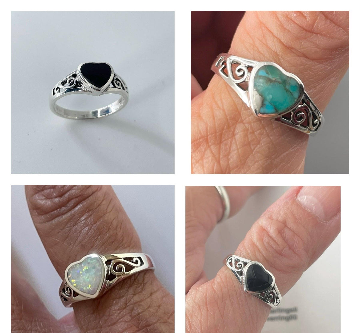 Sterling Silver Heart Ring: Genuine Turquoise or Black Agate