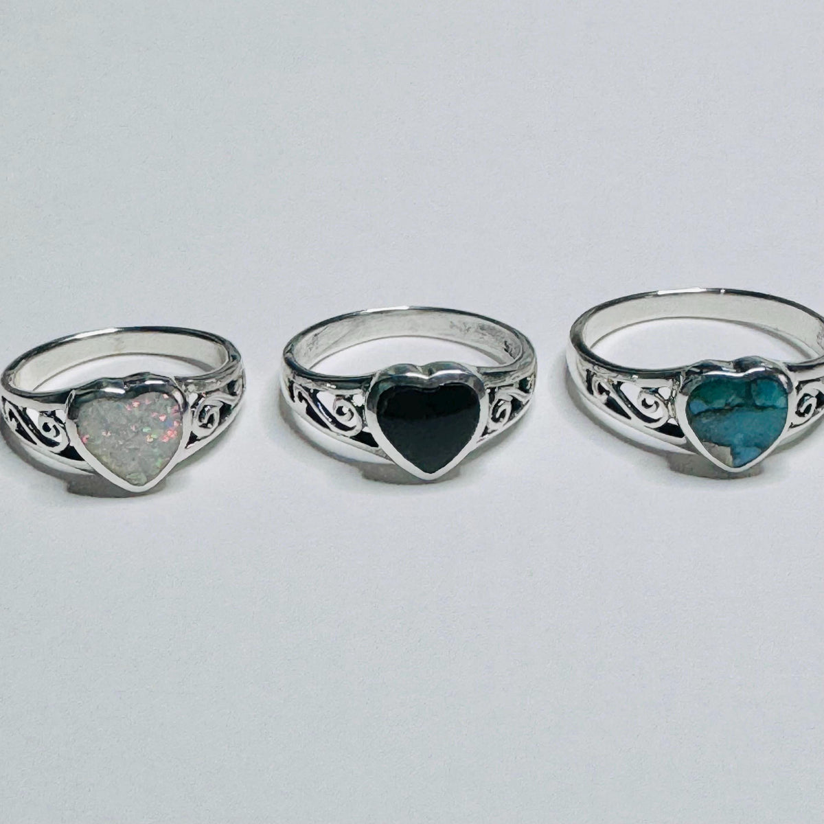Sterling Silver Heart Ring: Genuine Turquoise or Black Agate