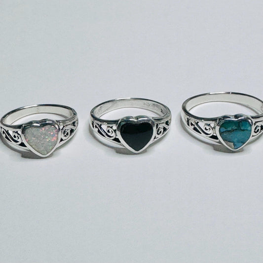 Sterling Silver Heart Ring: Genuine Turquoise or Black Agate