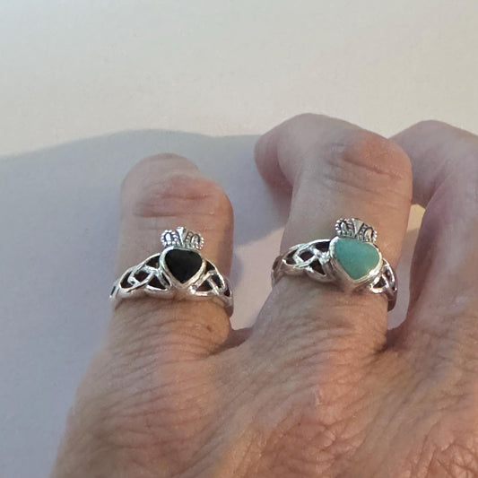 Sterling Silver Turquoise or Black Agate Celtic Irish Claddagh Ring, Claddagh Ring, Turquoise Ring, Irish Ring, Heart Ring, Promise Ring.