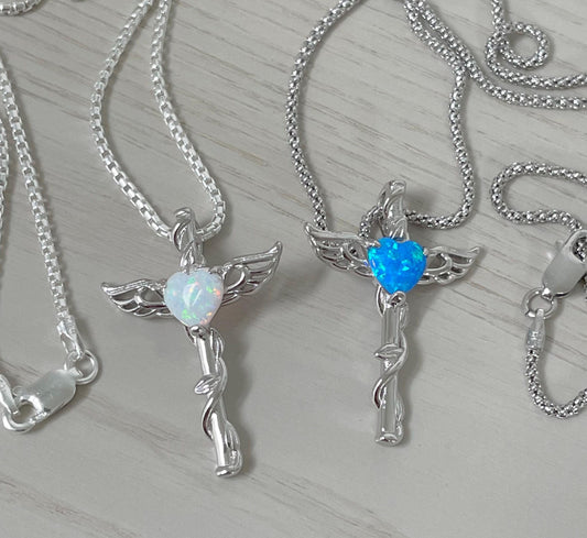 Sterling Silver Opal Heart Angel Wing Cross Necklace