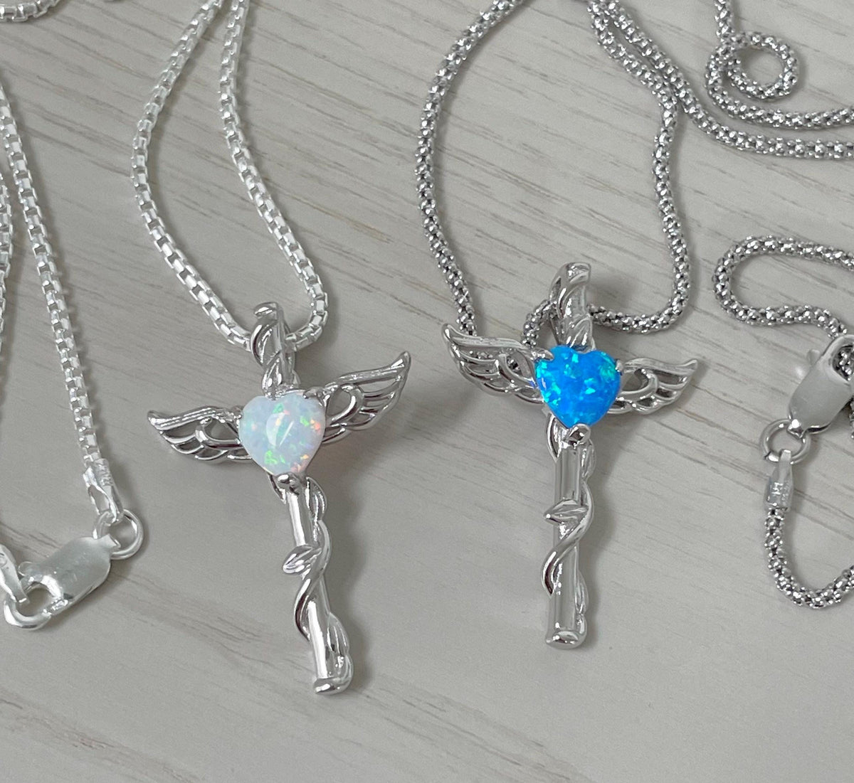 Sterling Silver Opal Heart Angel Wing Cross Necklace