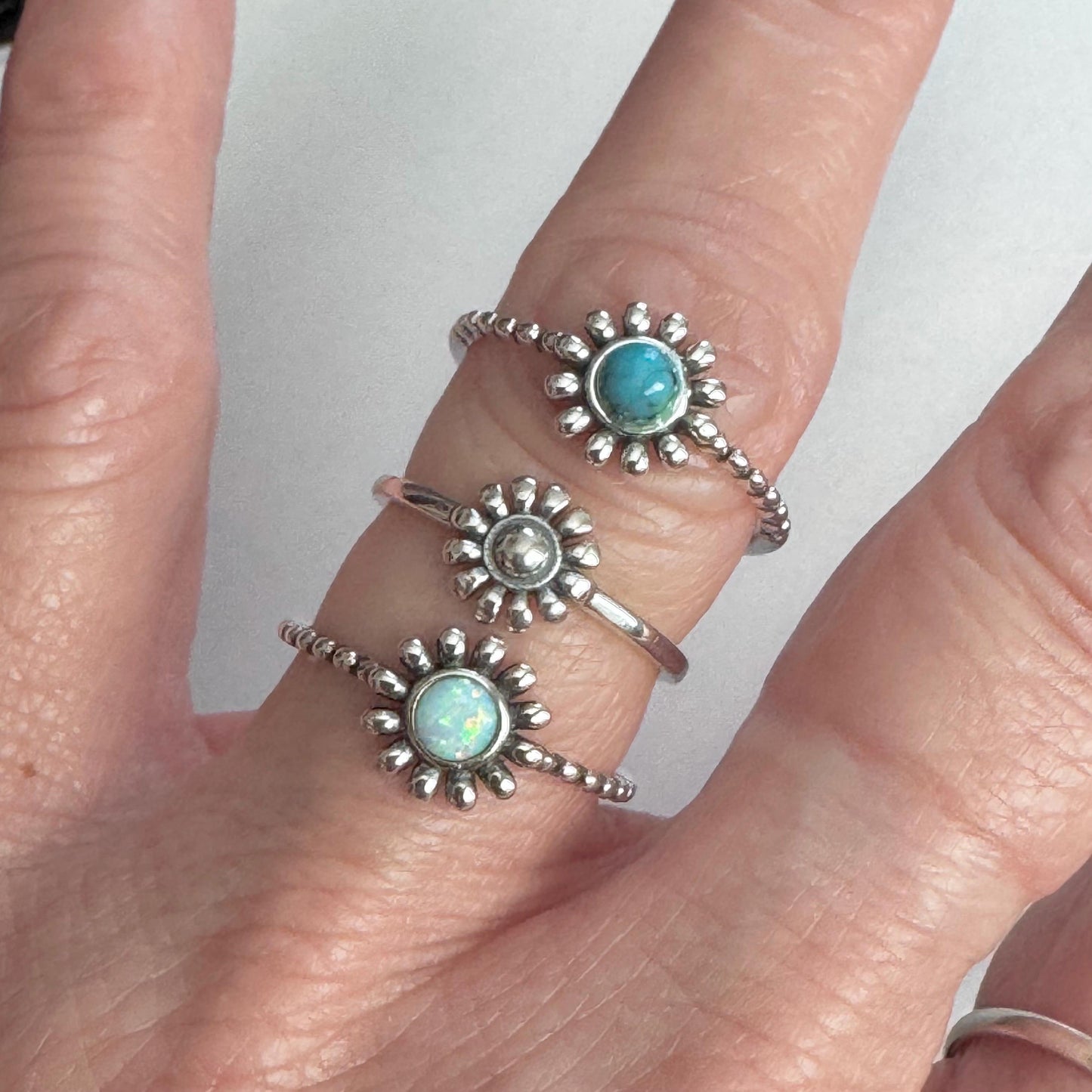 Sterling Silver Daisy with White Lab Opal Ring, Dainty Ring, Daisy Ring, Opal Ring, Boho Ring, Flower Ring, White Opal, Happy Flower Ring