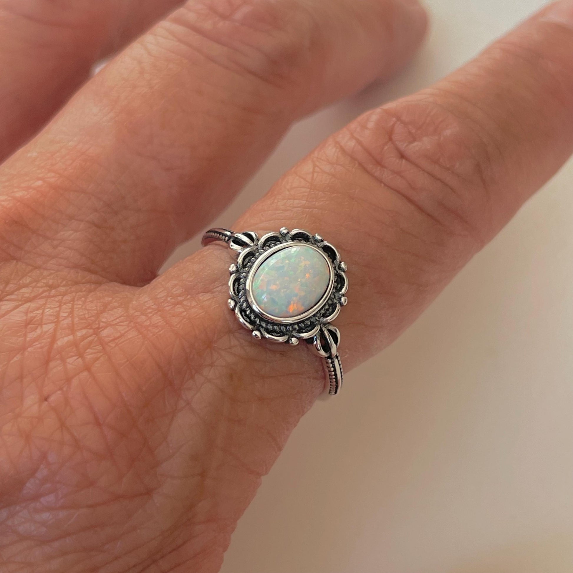 Sterling Silver Lab Opal Victorian Flower Ring: Promise Ring