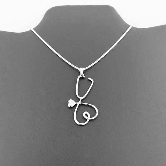 Sterling Silver Heart Stethoscope Necklace: CZ Nurse Pendant