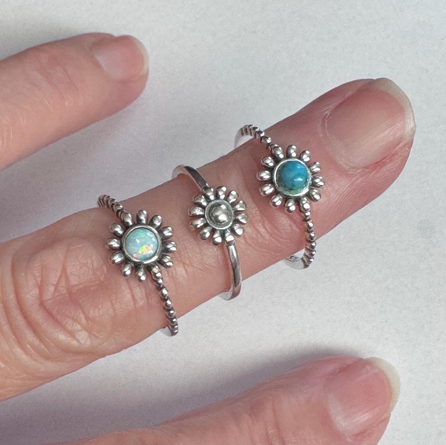 Sterling Silver Daisy with White Lab Opal Ring, Dainty Ring, Daisy Ring, Opal Ring, Boho Ring, Flower Ring, White Opal, Happy Flower Ring