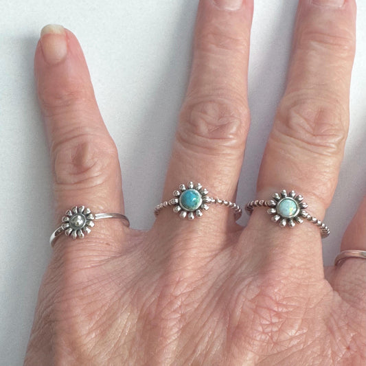 Sterling Silver Daisy with White Lab Opal Ring, Dainty Ring, Daisy Ring, Opal Ring, Boho Ring, Flower Ring, White Opal, Happy Flower Ring