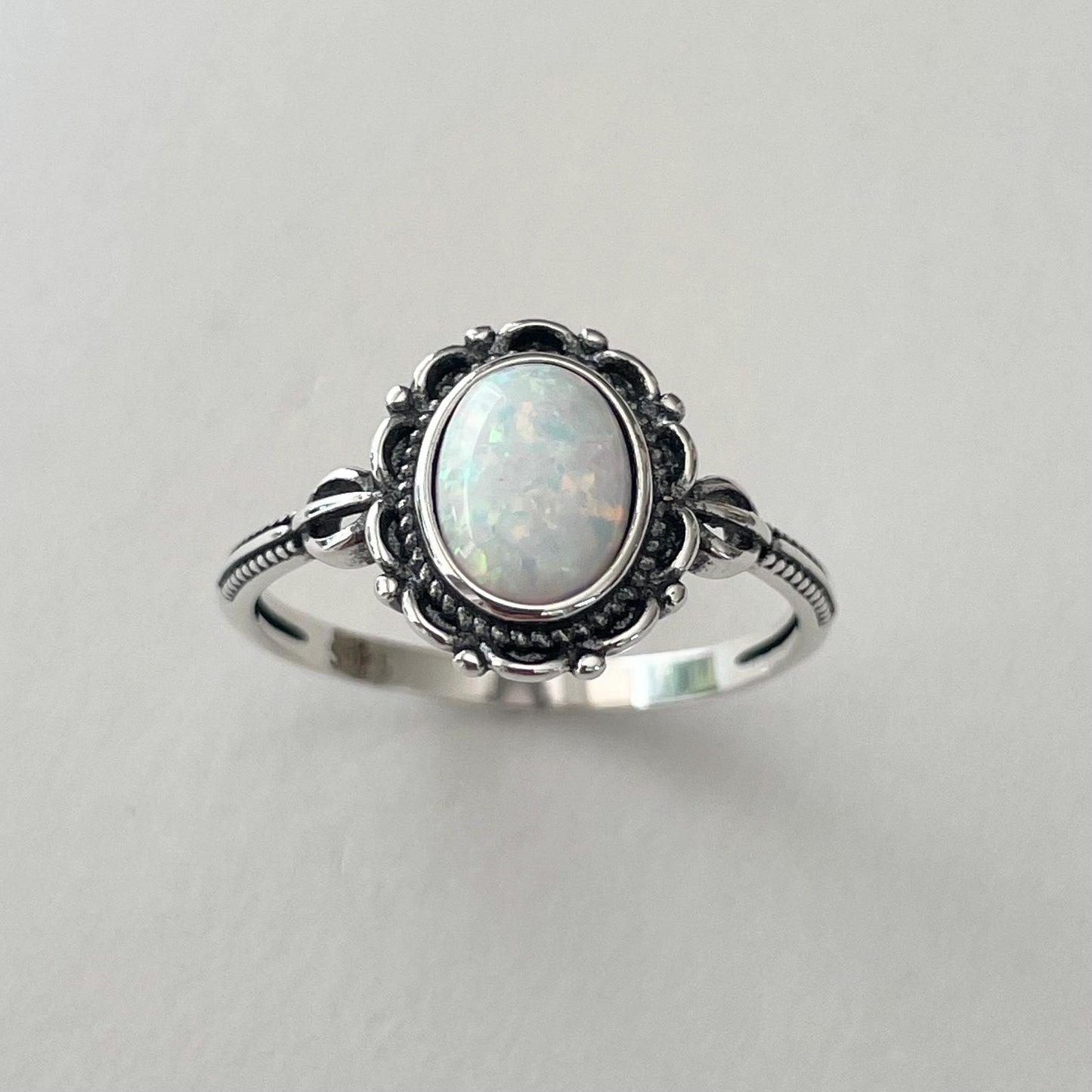 Sterling Silver Lab Opal Victorian Flower Ring: Promise Ring