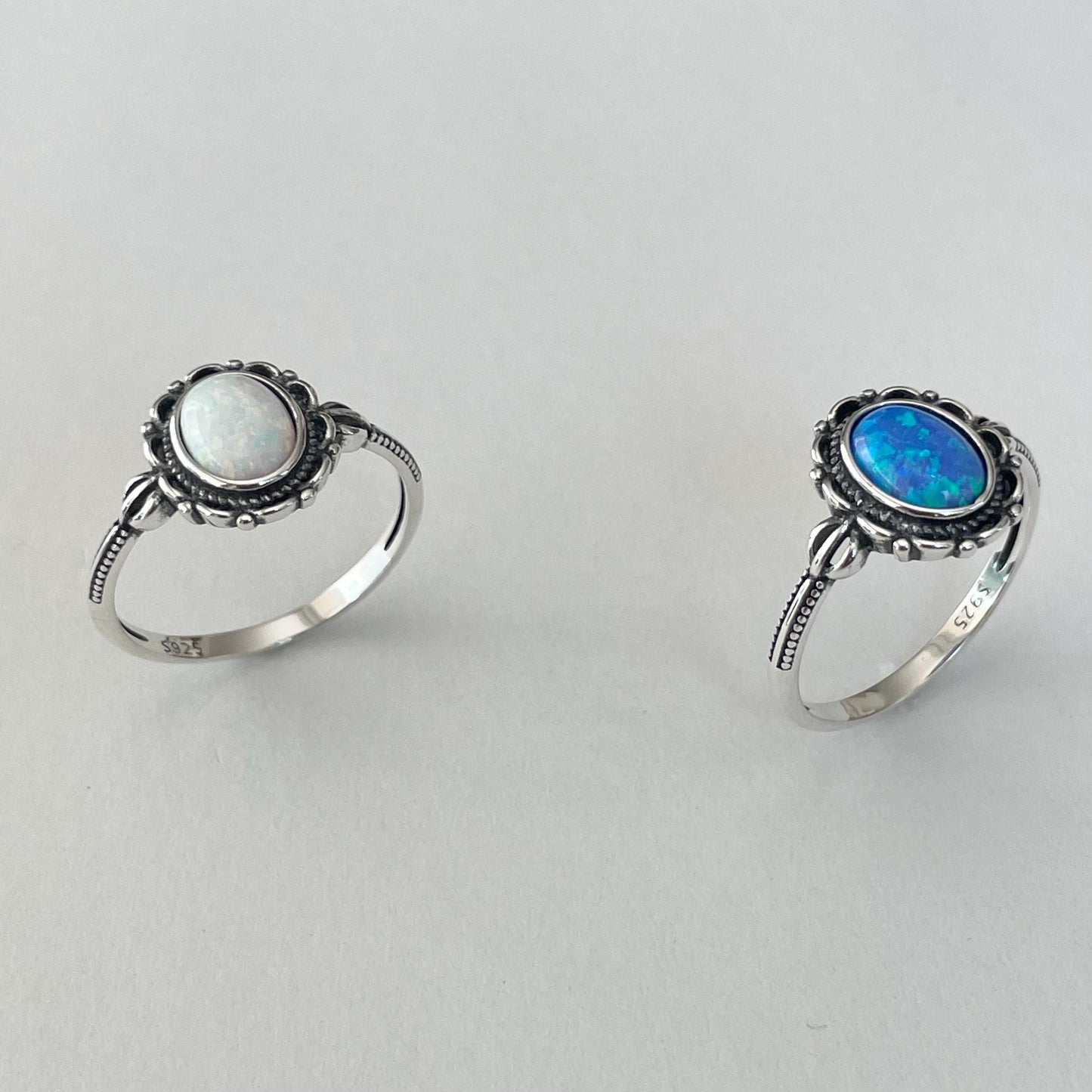 Sterling Silver Lab Opal Victorian Flower Ring: Promise Ring