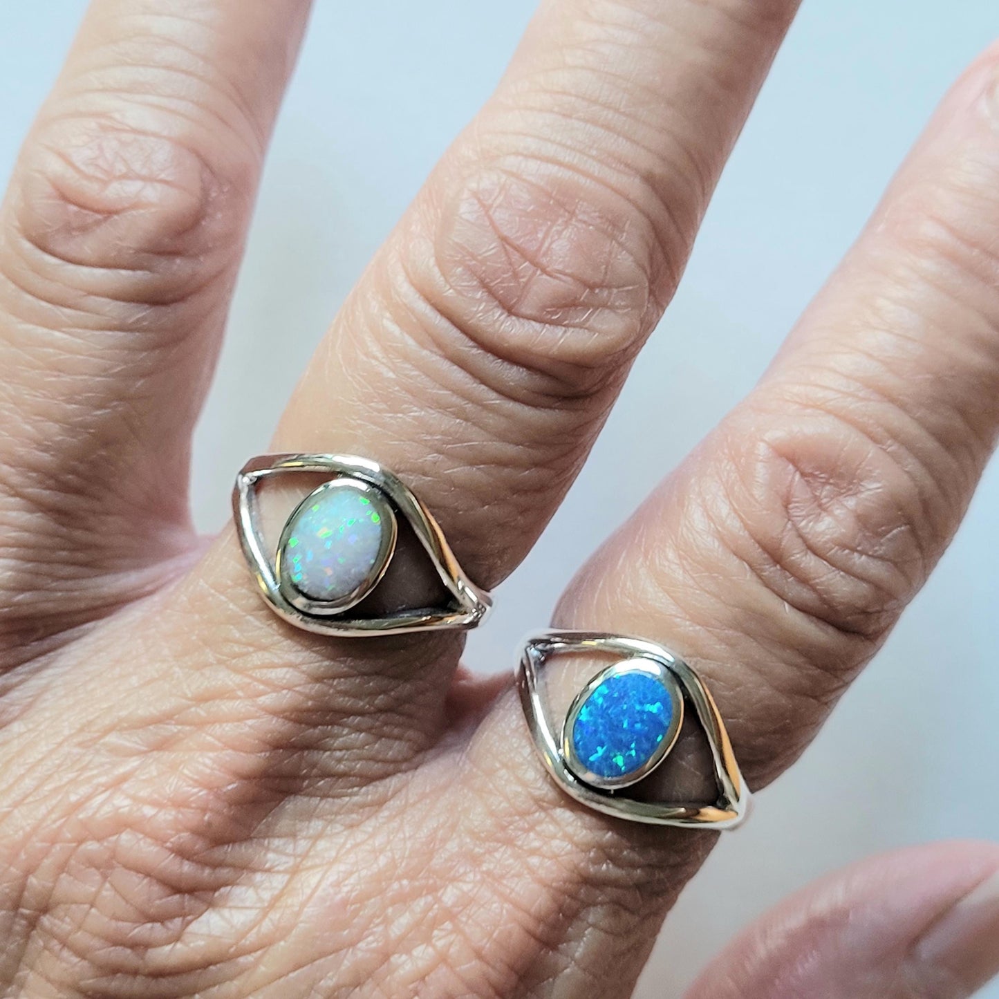 Sterling Silver Eye Ring: Blue or White Lab Opal Statement Ring