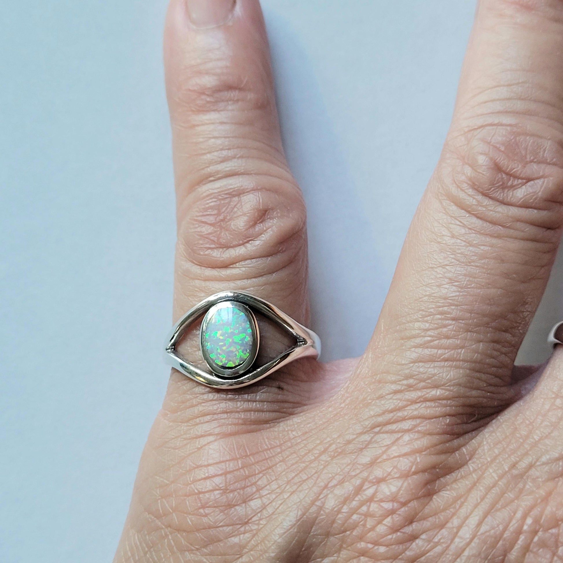 Sterling Silver Eye Ring: Blue or White Lab Opal Statement Ring