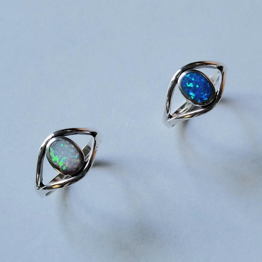 Sterling Silver Eye Ring: Blue or White Lab Opal Statement Ring