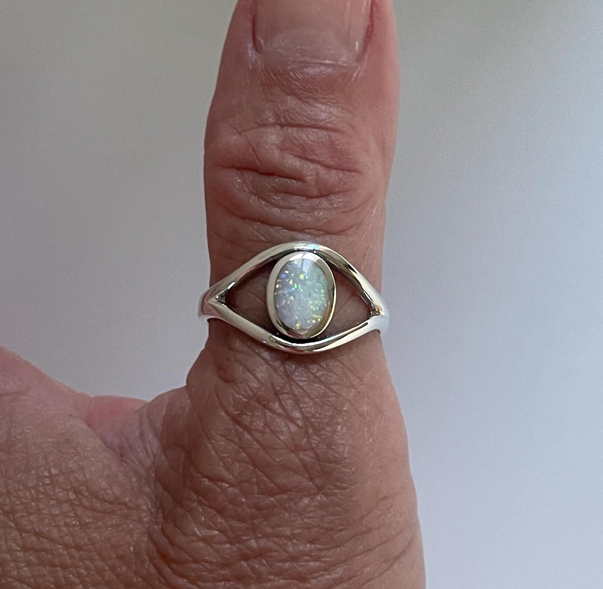 Sterling Silver Eye Ring: Blue or White Lab Opal Statement Ring