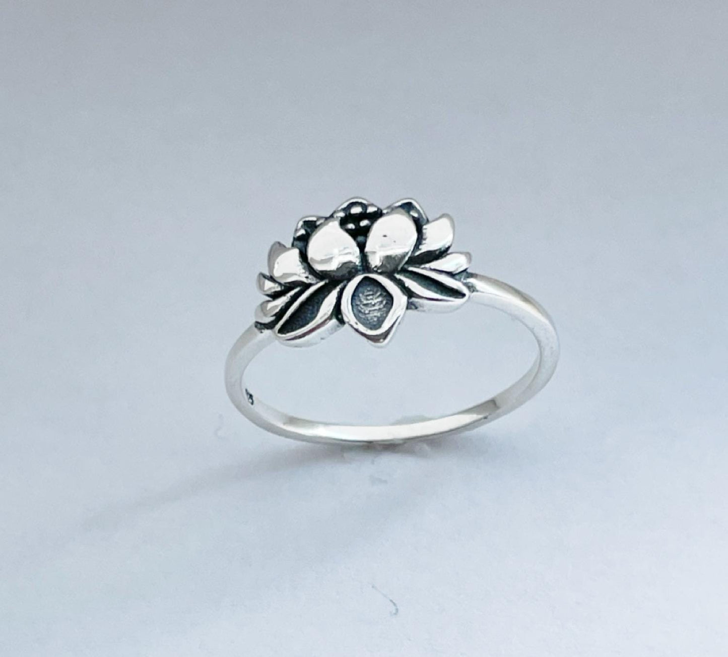 Oxidized Sterling Silver Lotus Flower Ring: Dainty Yoga Jewelry