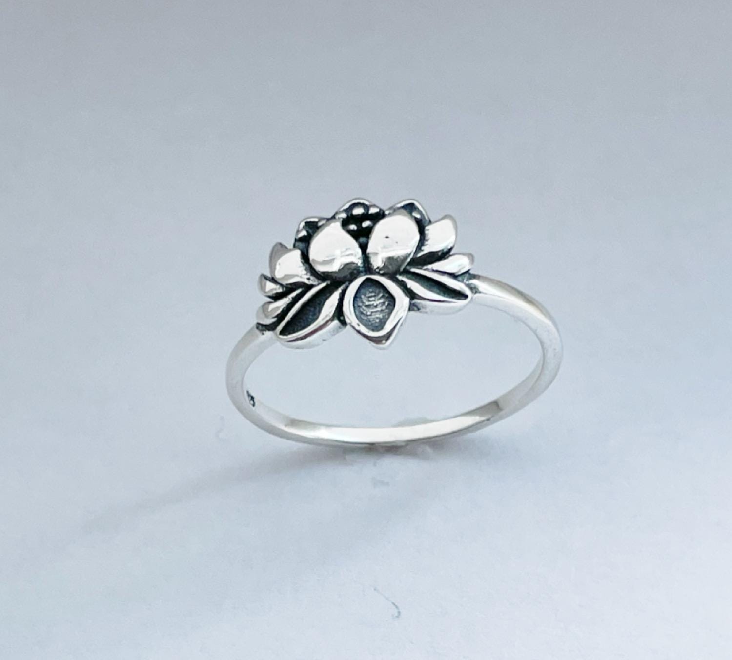 Oxidized Sterling Silver Lotus Flower Ring: Dainty Yoga Jewelry
