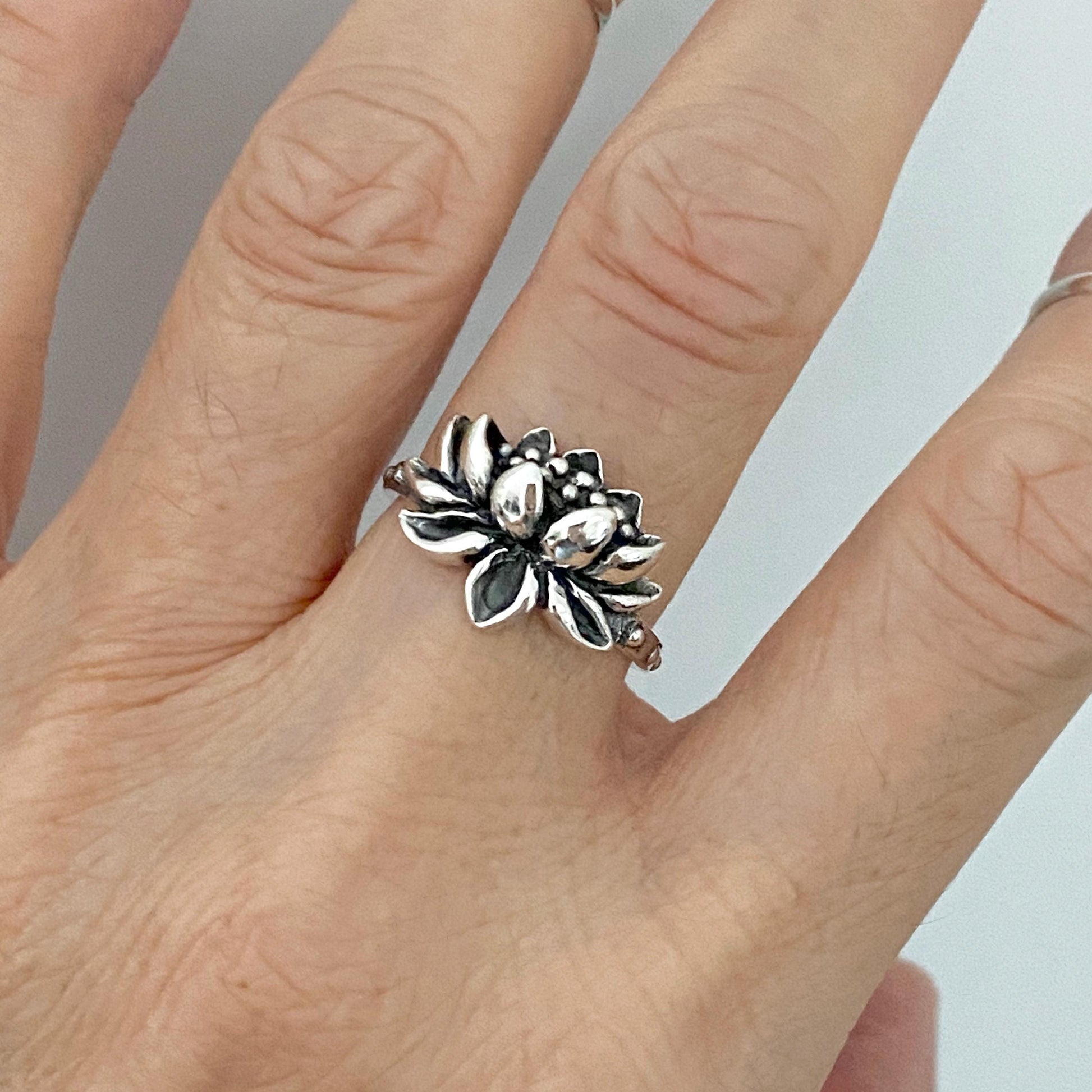 Oxidized Sterling Silver Lotus Flower Ring: Dainty Yoga Jewelry