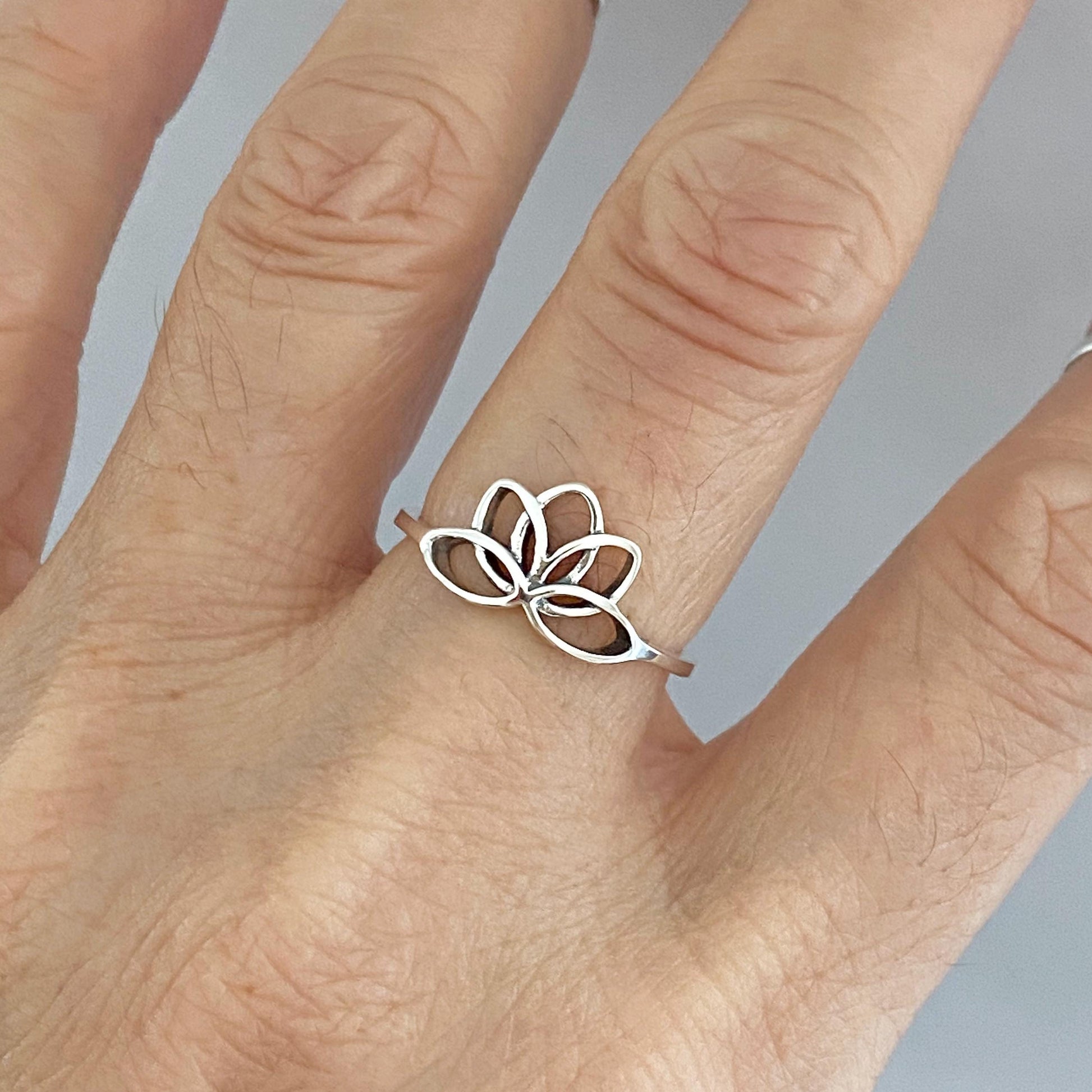 Oxidized Sterling Silver Lotus Flower Ring: Dainty Yoga Jewelry
