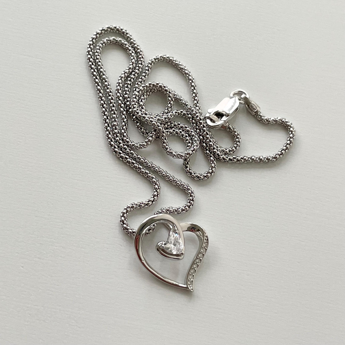 Sterling Silver CZ Heart Pendant Necklace - Italian Box Chain