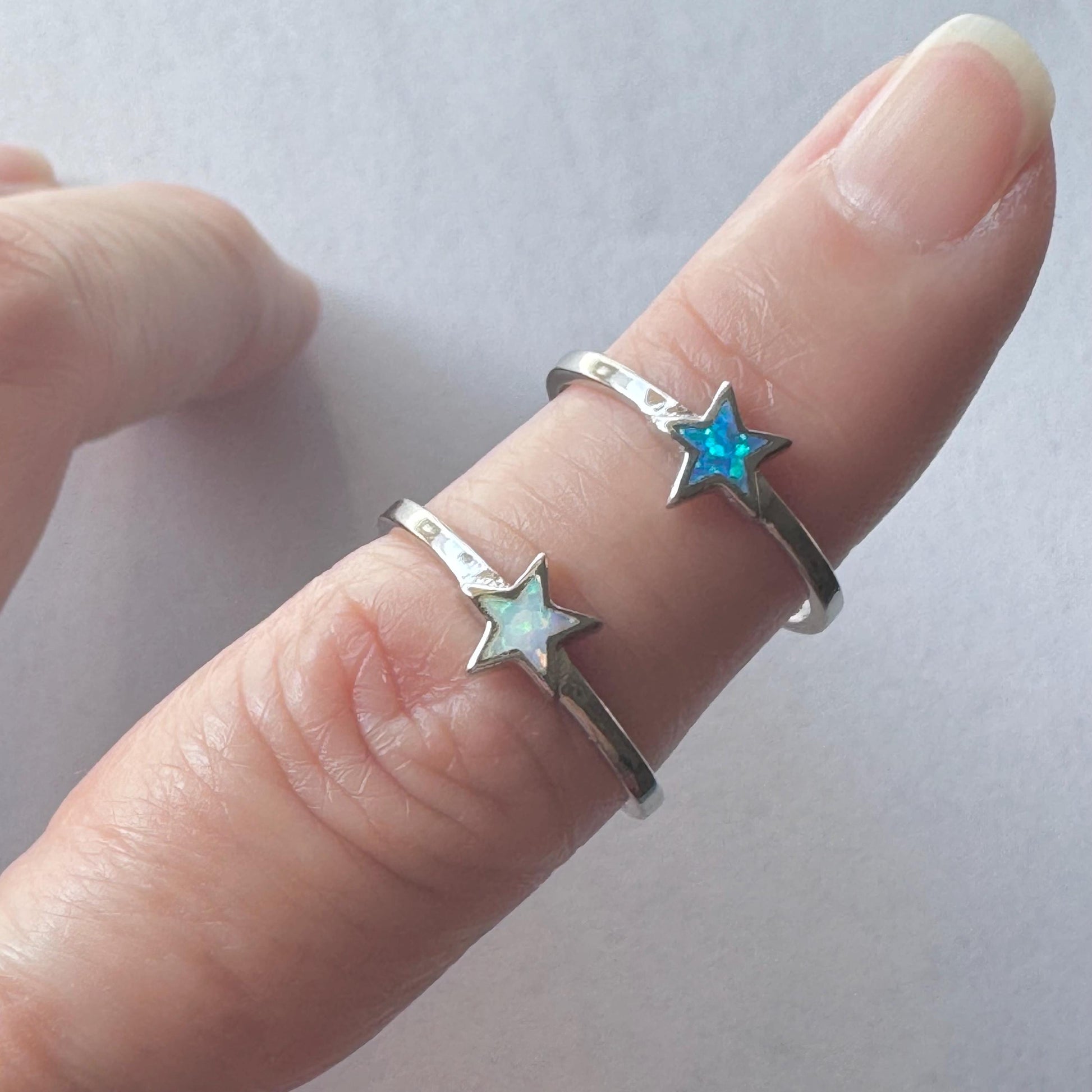 Sterling Silver Star Ring: Blue or White Lab Opal Celestial Jewelry