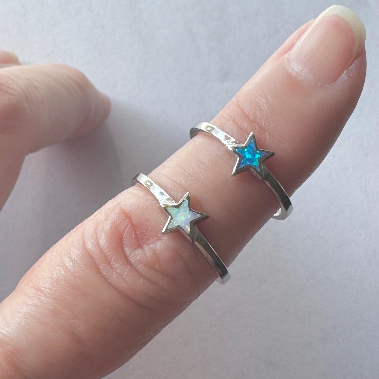 Sterling Silver Star Ring: Blue or White Lab Opal Celestial Jewelry