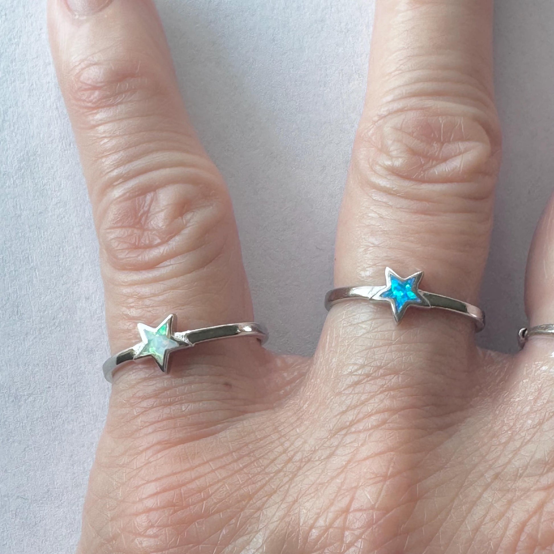 Sterling Silver Star Ring: Blue or White Lab Opal Celestial Jewelry