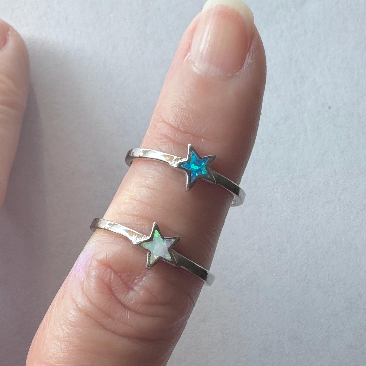 Sterling Silver Star Ring: Blue or White Lab Opal Celestial Jewelry