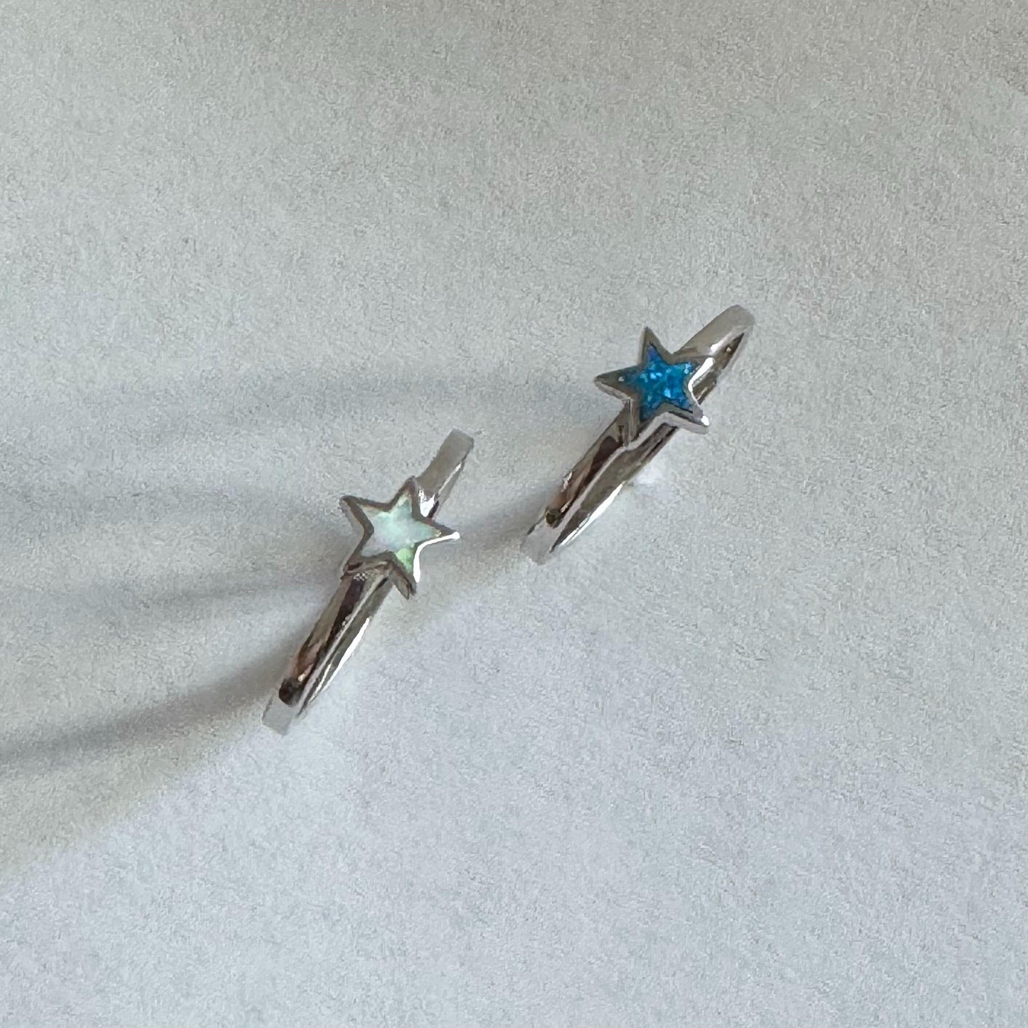 Sterling Silver Star Ring: Blue or White Lab Opal Celestial Jewelry